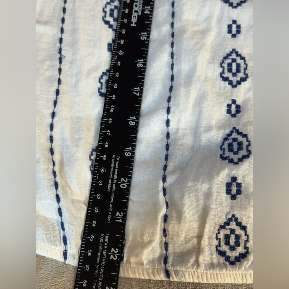 Nine West Boho White Cotton Peasant Blouse With Blue embroidery and Tassels L - Picture 7 of 9